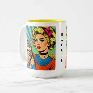 Cartoon-Comic-Pop-Art-Frau mit Katze Zweifarbige Tasse