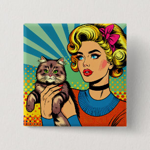 Cartoon-Comic-Pop-Art-Frauen mit Katze Button