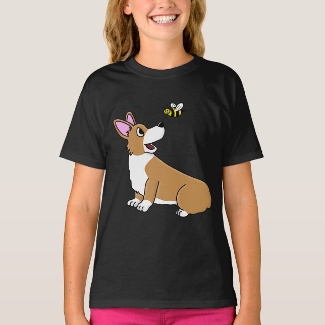 Cartoon Corgi Bee Girl's Ringer TShirt (Vorderseite)