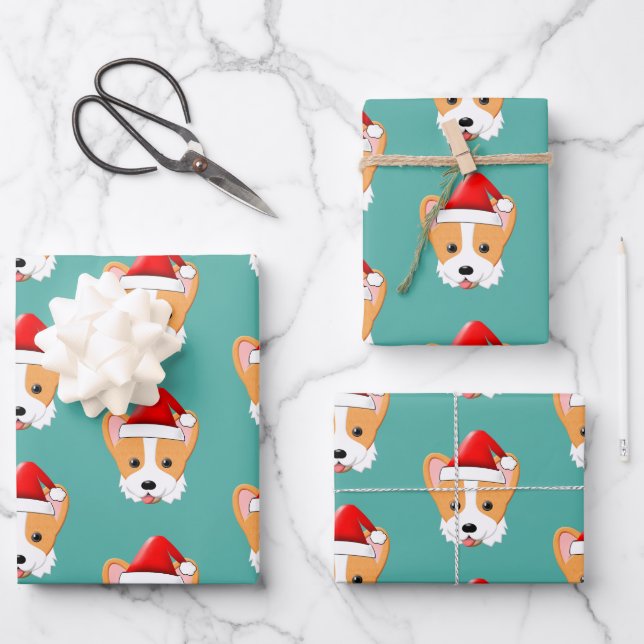 Cartoon Corgi Weihnachtsfeierliche Weihnachtsmannm Geschenkpapier Set (Vorderseite)