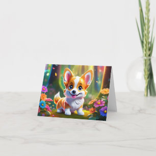 Cartoon Corgi Welpe mit Blume Leere Gruß Karte
