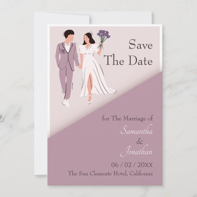 Cartoon Couple in Lila Wedding Save the Date Einladung (Vorderseite)
