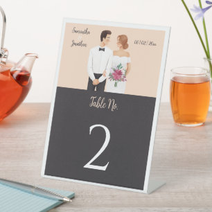 Cartoon Couple Modern Wedding Pedestal Card Sockelschild