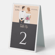 Cartoon Couple Modern Wedding Table Zelt Sign