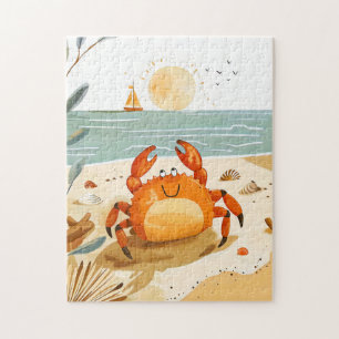 Cartoon Crab on Beach mit Boot im Hintergrund
