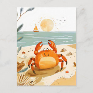 Cartoon Crab on Beach mit Boot im Hintergrund Postkarte