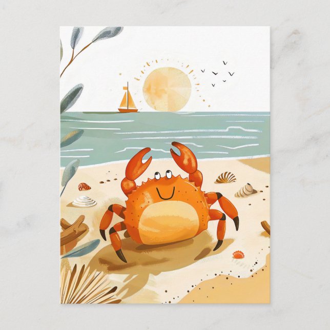 Cartoon Crab on Beach mit Boot im Hintergrund Postkarte (Vorderseite)