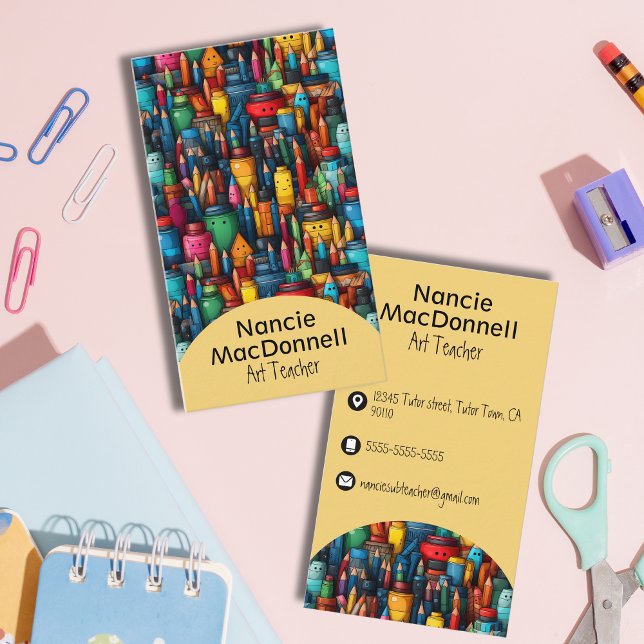 Cartoon Crayon Pen Pattern Visitenkarte (Colorful Art Teacher Cartoon Crayon Pen Pattern Business Card)