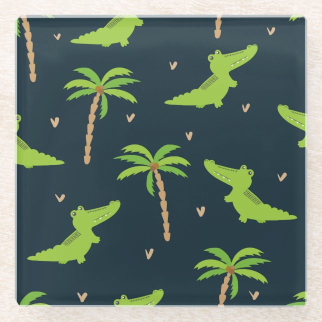 Cartoon Crocodiles: Alligator Palms Muster. Glasuntersetzer (Vorderseite)