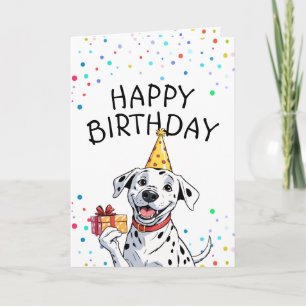 Cartoon Dalmatiner mit Geschenk zum Geburtstag Karte