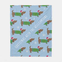 Cartoon Daschund Christmas Scene Fleece Blanket