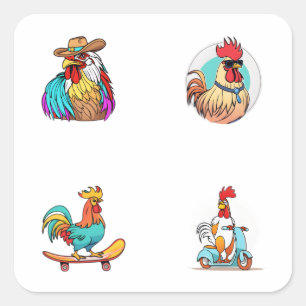 Cartoon de coq drôle personnage 4 Stickers Pack