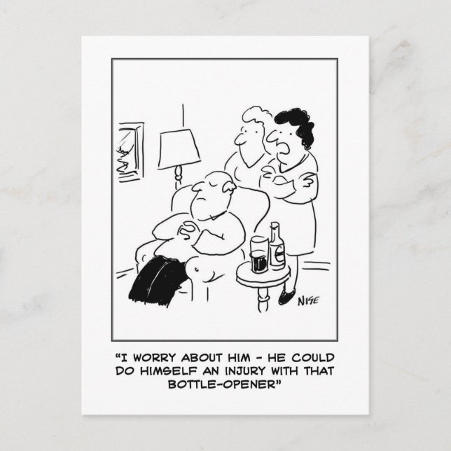 Cartoon der Flaschenöffner-Verletzung Funny Postkarte (Vorderseite)