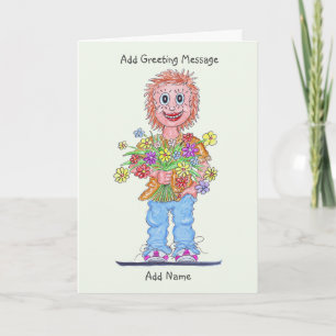 Cartoon der Frau mit einem Haufen Blume Karte