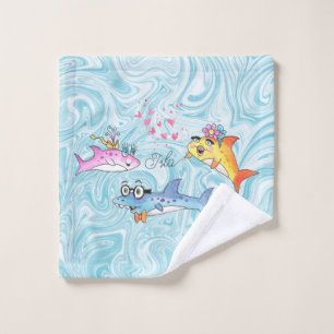 Cartoon der Haifamilie auf Blue Waves Wash Tuch