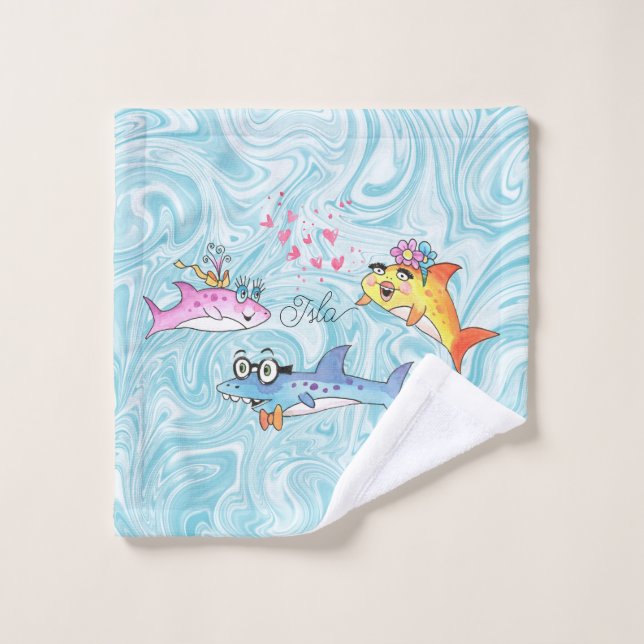Cartoon der Haifamilie auf Blue Waves Wash Tuch (Waschlappen)