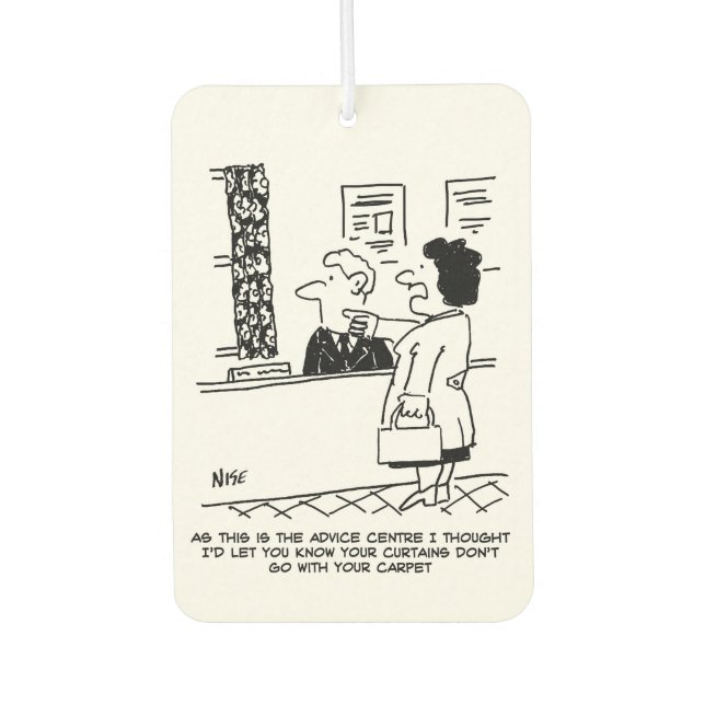 Cartoon des Bürgerberatungszentrums. Frau gibt Rat Autolufterfrischer (Vorderseite)