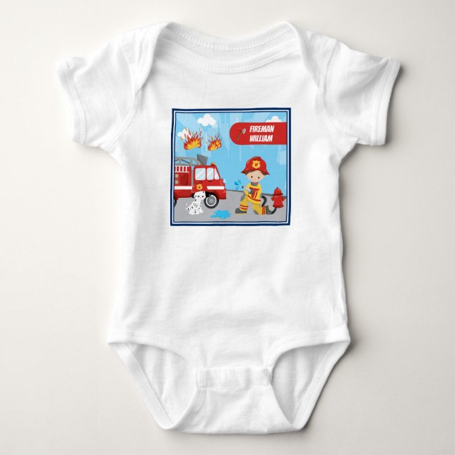 Cartoon des Kleinen Jungen Feuerwehrmann mit Vorna Baby Strampler (Vorderseite)