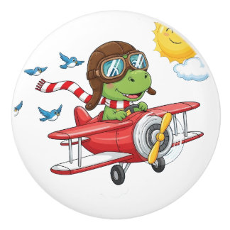 Cartoon Dinosaur Pilot Flying Red Airplane Keramikknauf