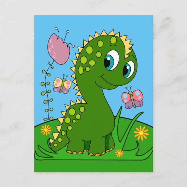 Cartoon Dinosaurier, Blume und Schmetterlinge Postkarte (Vorderseite)