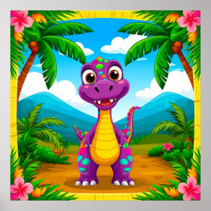 Cartoon Dinosaurier in tropischer Szene Poster