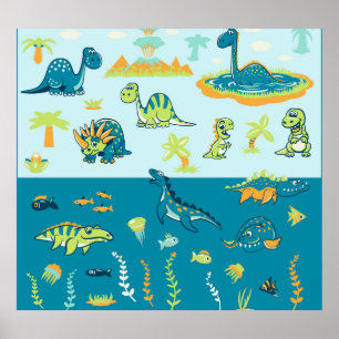 Cartoon Dinosaurier: Land & Meer Set Poster