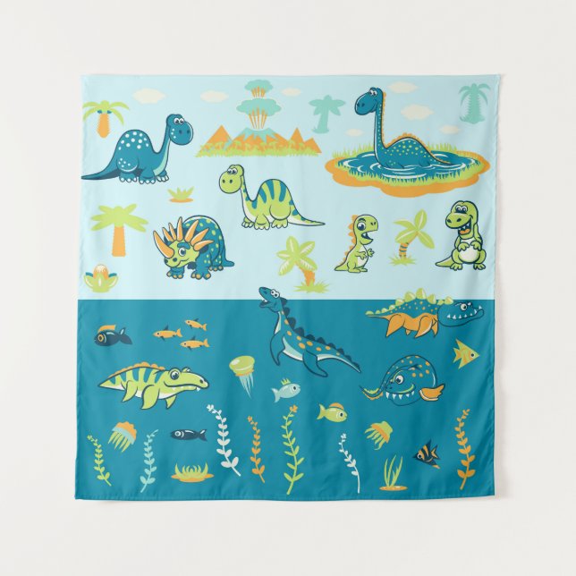 Cartoon Dinosaurier: Land & Meer Set Wandteppich (Vorderseite)