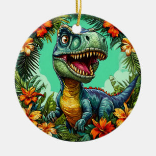 Cartoon Dinosaurier und lebhafte tropische Blume Keramik Ornament