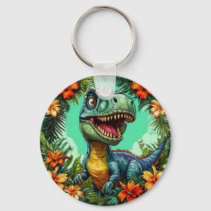 Cartoon Dinosaurier und lebhafte tropische Blume Schlüsselanhänger