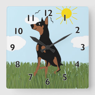 Cartoon-Dobermann-Sitzen Quadratische Wanduhr