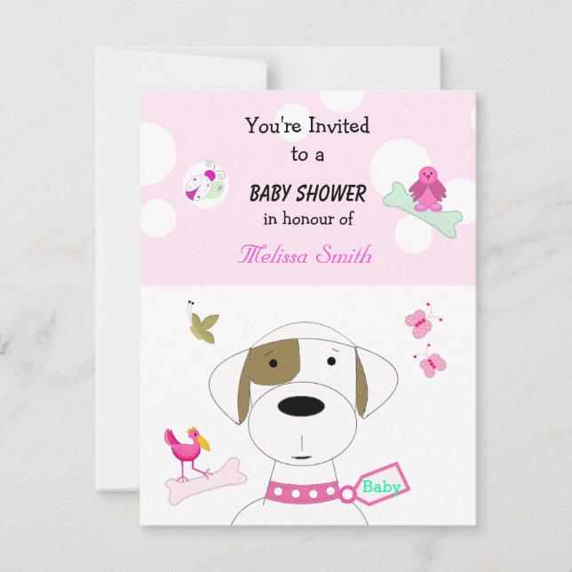 Cartoon Dog Girls Babydusche Einladung (Vorderseite)