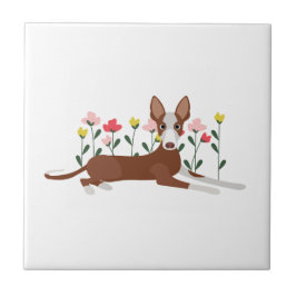 Cartoon Dog in rosa und gelb Blumen Fliese