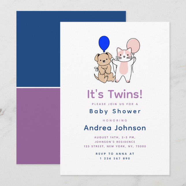 Cartoon Dog Katze Pink Blue Ballon Twin Baby Dusch Einladung (Vorne/Hinten)