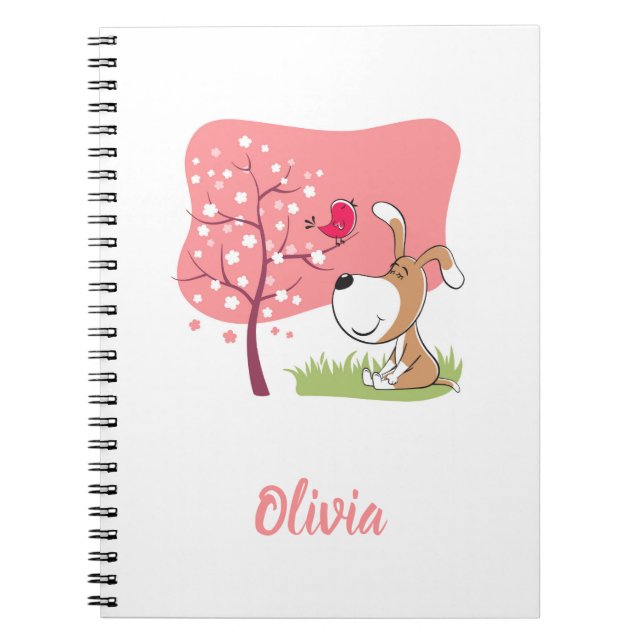 Cartoon Dog Puppy Bird Blume Blühen rosa Frühling Notizblock (Vorderseite)