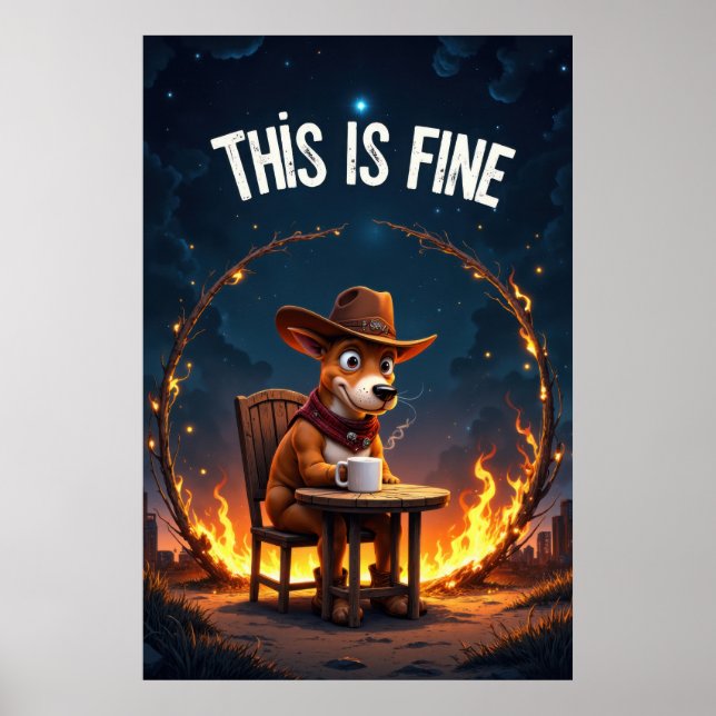 Cartoon Dog Sitting at Table with Coffee Surrounde Poster (Vorne)