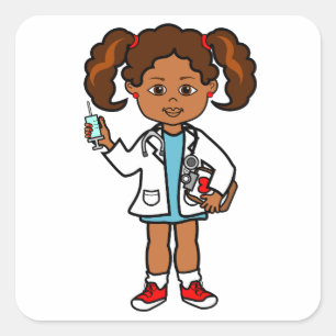 Cartoon-Doktor Girl mit großer Nadel Quadratischer Aufkleber