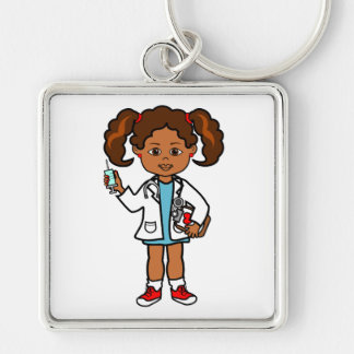 Cartoon-Doktor Girl mit großer Nadel und Schlüsselanhänger
