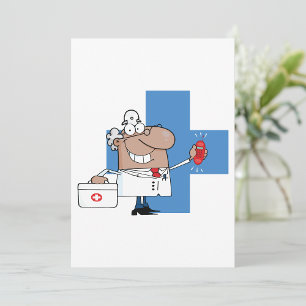Cartoon Doktor mit Telefon und medizinischem Beute Einladung
