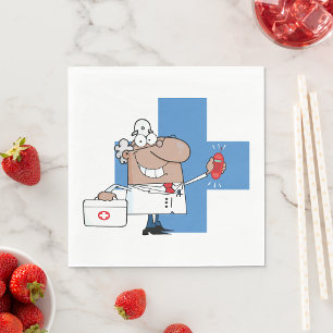 Cartoon Doktor mit Telefon und medizinischem Beute Serviette