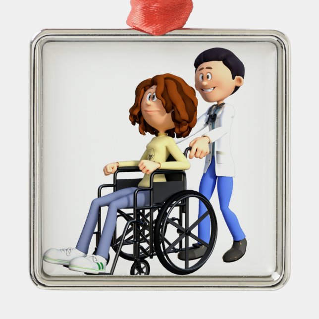 Cartoon-Doktor Wheeling Patient In Wheelchair Silbernes Ornament (Vorne)