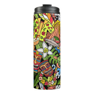 Cartoon doodles Hawaii nahtlos. Hintergrund Thermosbecher