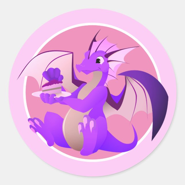 Cartoon Dragon mit Cake Pink Stickern Runder Aufkleber (Vorderseite)