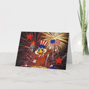 Cartoon Eagle with Flag and Fireworks (Textured) Karte