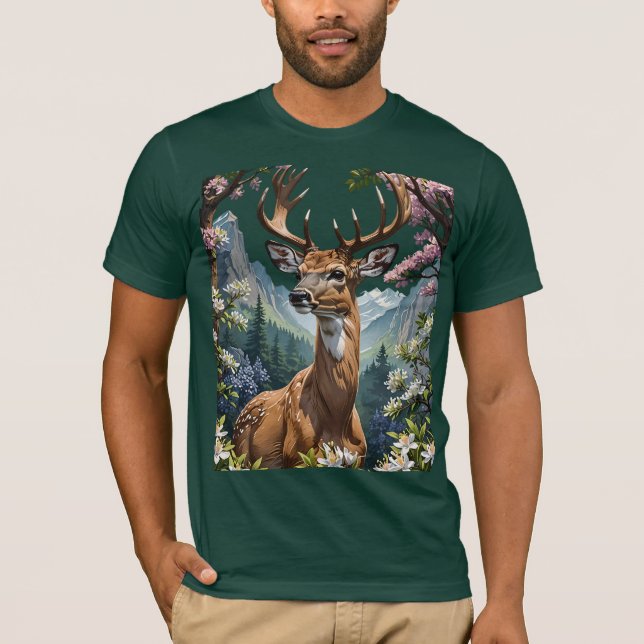 Cartoon eines von Bergen umgebenen Hirsches T-Shirt (Vorderseite)