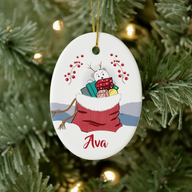 Cartoon Eisbär Pinkeln in Santa's Beutel Ornament (Baum)