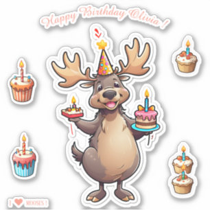 Cartoon Elch - Happy Geburtstag Personalisiert Aufkleber