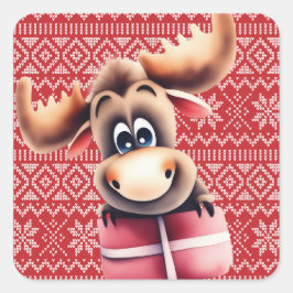Cartoon Elch mit Weihnachtsgeschenk Quadratischer Aufkleber