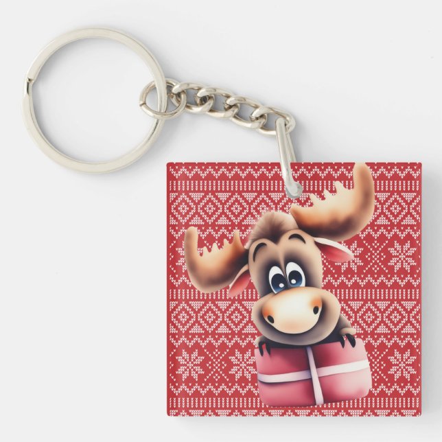 Cartoon Elch mit Weihnachtsgeschenk Schlüsselanhänger (Vorderseite)