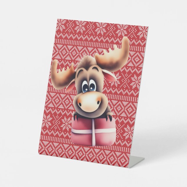 Cartoon Elch mit Weihnachtsgeschenk Sockelschild (Vorderseite)