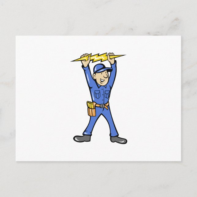 Cartoon Electrician hält Elektrizitätsblitz Postkarte (Vorderseite)